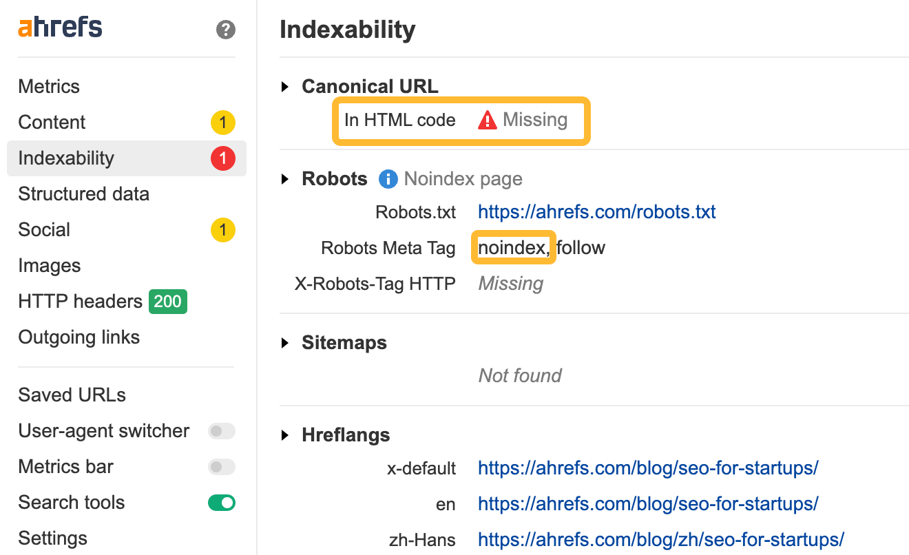 How to use toolbar: Indexability report