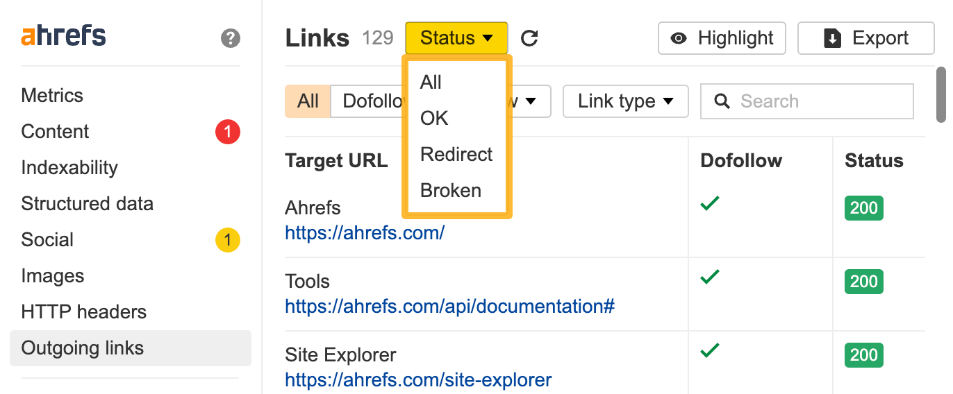 How to use toolbar: Outgoing links - filter by satus