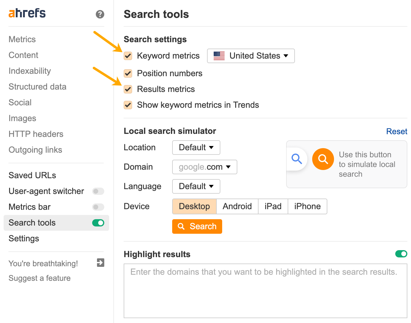 How to use toolbar: Search tools settings