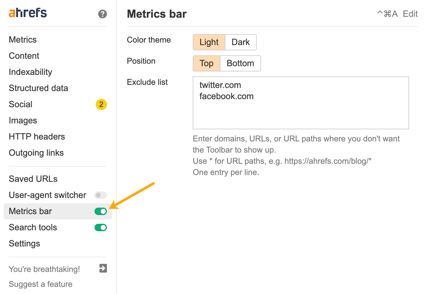 How to use toolbar: Metrics bar