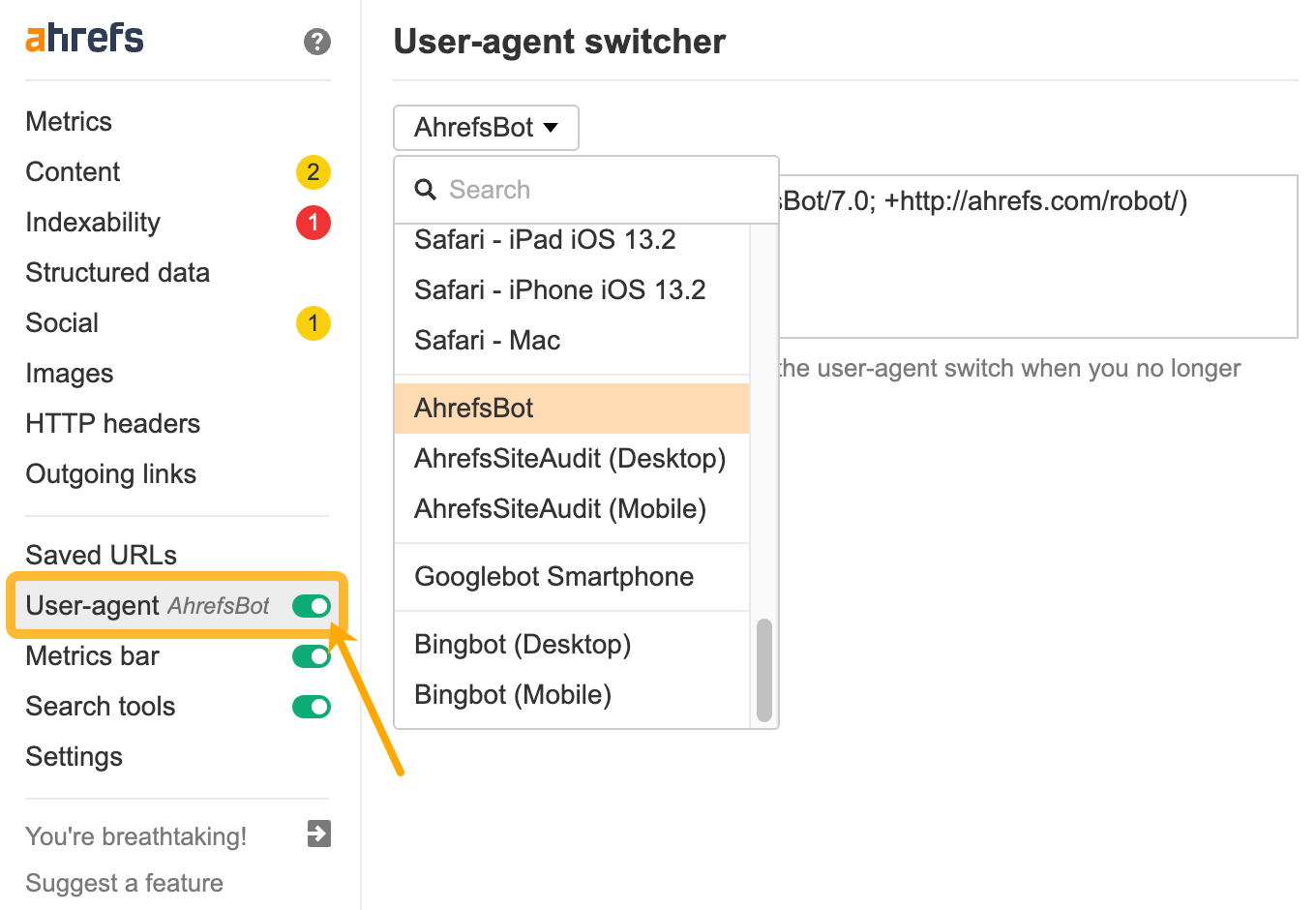 How to use toolbar: User Agent switch